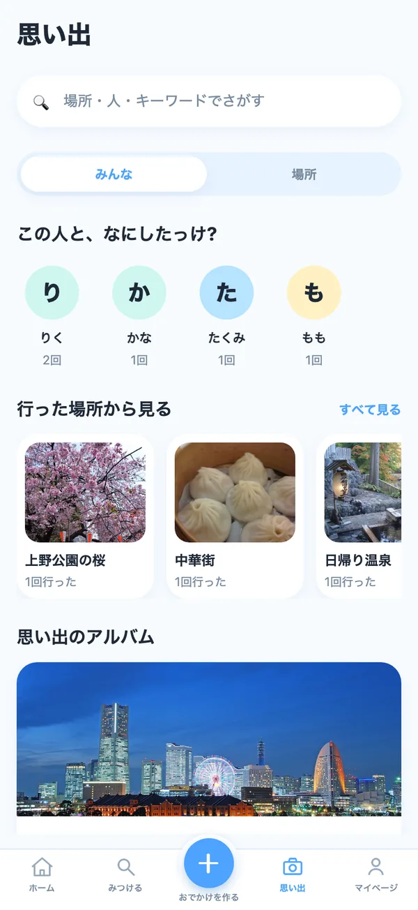 思い出の画面。一緒に出かけた人や、行った場所ごとに、これまでのおでかけを振り返れる